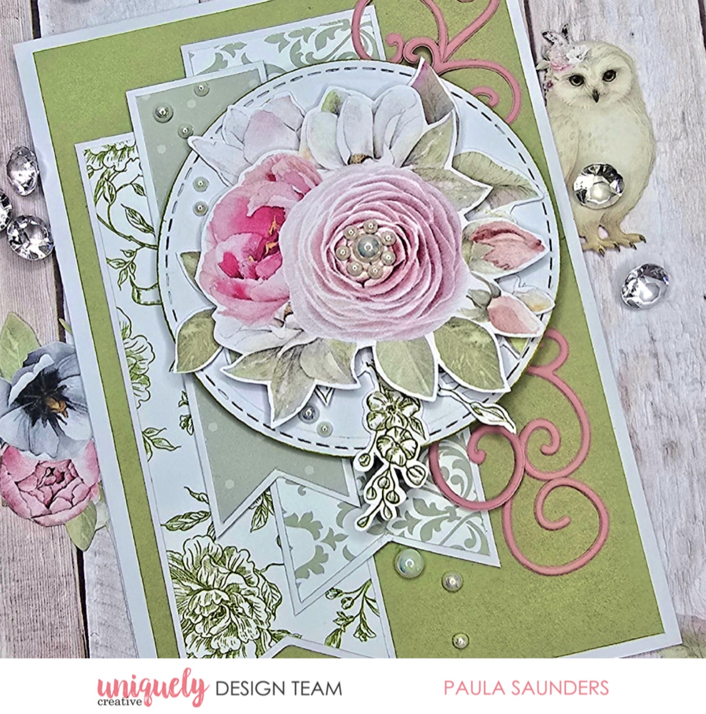 Handmade card using Uniquely Creative Whispers of Wisdom collection featuring layered watercolour roses in blush pink with pink flourish embellishments, rhinestones, and decorative die cuts on sage green cardstock