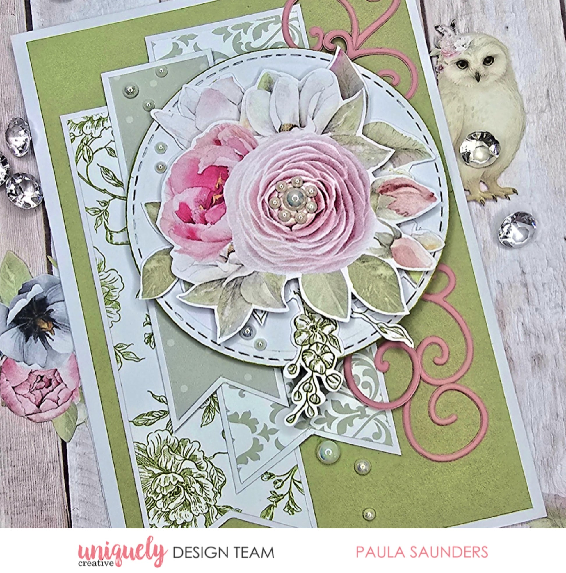 Handmade card using Uniquely Creative Whispers of Wisdom collection featuring layered watercolour roses in blush pink with pink flourish embellishments, rhinestones, and decorative die cuts on sage green cardstock