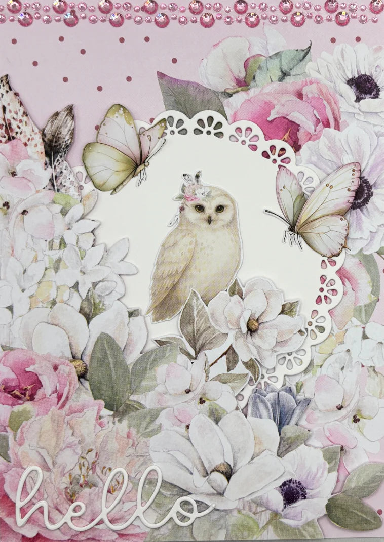 Handmade card using Uniquely Creative Delicate Doily Die with white doily frame, white owl, pink florals, butterflies and hello sentiment on soft pink floral background