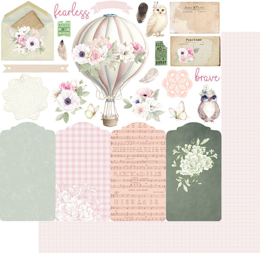 Uniquely Creative Whispers of Wisdom Cherished Details double-sided paper showing cut-apart elements including floral hot air balloon, white owls, vintage postcards, feathers, butterflies, gingham, sheet music and sage green floral tags with reverse pattern preview