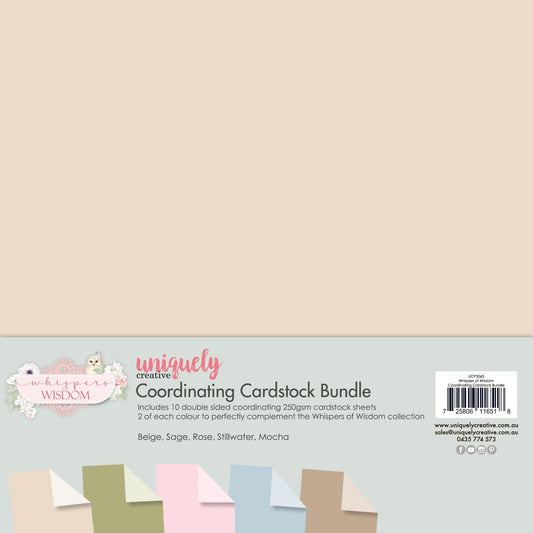 Uniquely Creative Whispers of Wisdom Coordinating Cardstock Bundle showing 10 double-sided sheets in Beige, Sage, Rose, Stillwater and Mocha with tonal variations and white owl logo 