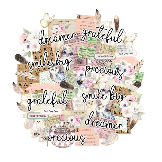 Uniquely Creative Whispers of Wisdom Creative Cuts showing collection of pre-cut elements including watercolour florals, white owls, butterflies, feathers, vintage postcards, tickets, scrabble tiles and script sentiments like dreamer, grateful, smile big and precious on 300gsm cardstock 