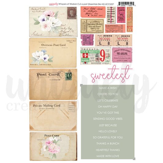 Uniquely Creative Whispers of Wisdom Cut-a-Part sheet featuring vintage postcards, watercolour florals, ephemera tickets, sentiment word strips, and handwritten script elements in blush pink, sage green, and cream tones for scrapbooking and card making