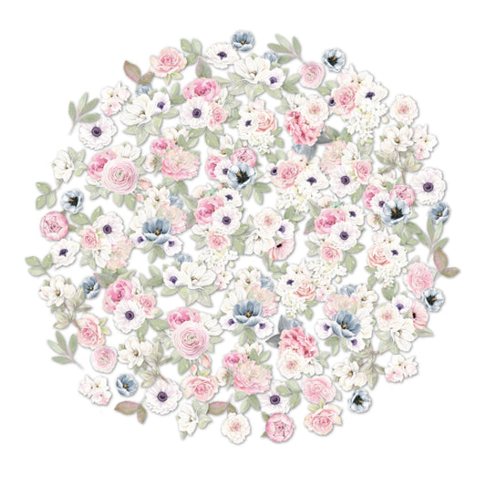 Uniquely Creative Whispers of Wisdom Floral Creative Cuts showing collection of pre-cut watercolour flowers including pink roses, white anemones, dusty blue blooms, hydrangeas and sage green eucalyptus leaves on 300gsm cardstock 