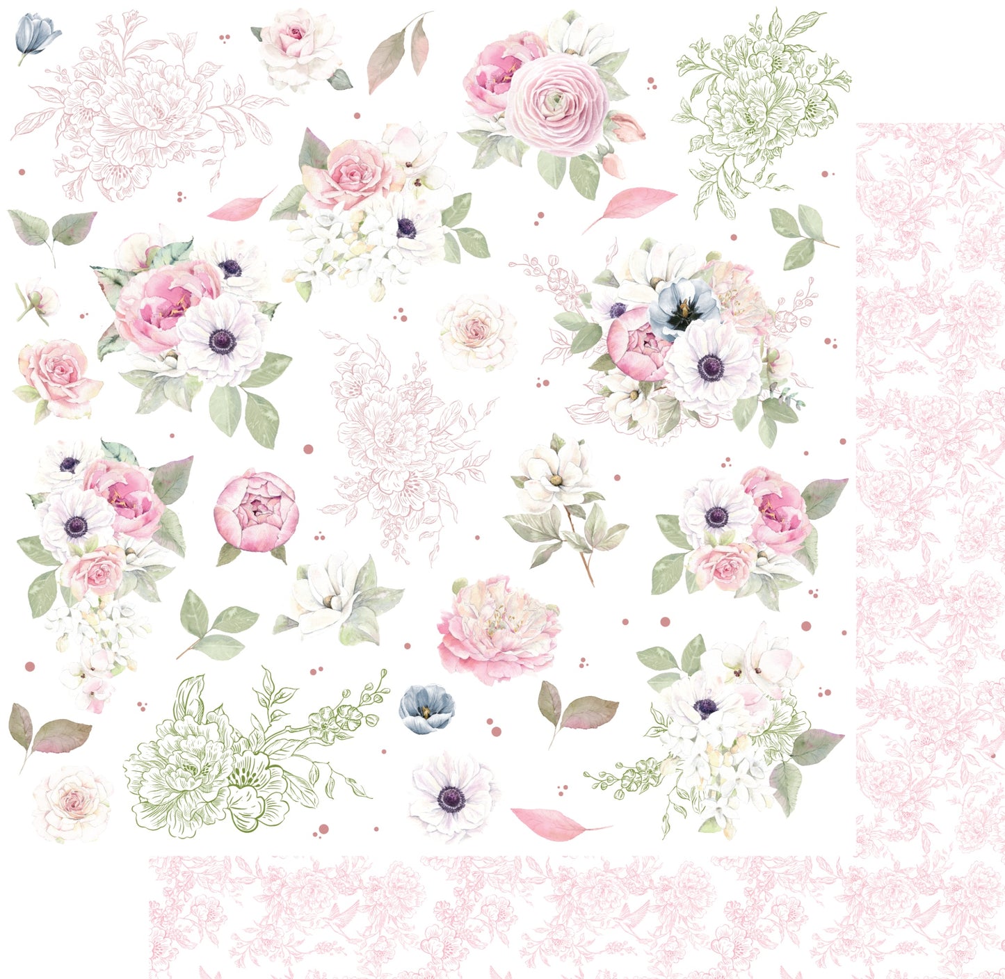 Uniquely Creative Whispers of Wisdom Floral Fragments double-sided paper showing scattered watercolour florals including pink roses, white anemones, ranunculus, dusty blue blooms, sage green line art and individual leaves on white background with soft pink floral and bird pattern reverse preview