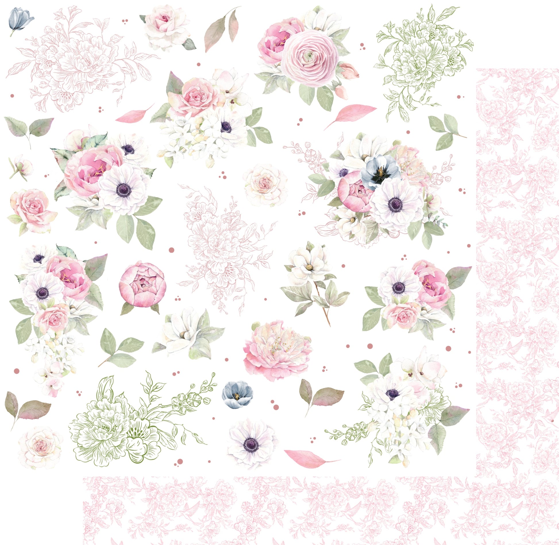 Uniquely Creative Whispers of Wisdom Floral Fragments double-sided paper showing scattered watercolour florals including pink roses, white anemones, ranunculus, dusty blue blooms, sage green line art and individual leaves on white background with soft pink floral and bird pattern reverse preview