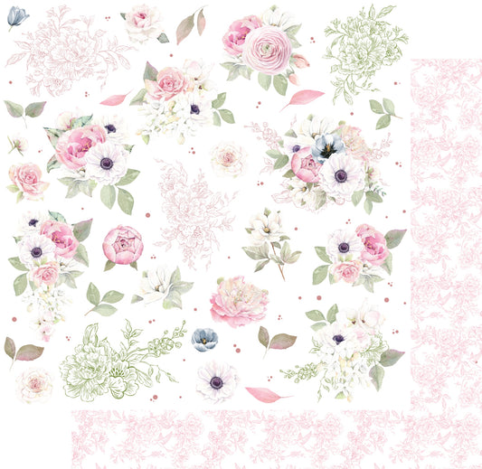 Uniquely Creative Whispers of Wisdom Floral Fragments double-sided paper showing scattered watercolour florals including pink roses, white anemones, ranunculus, dusty blue blooms, sage green line art and individual leaves on white background with soft pink floral and bird pattern reverse preview