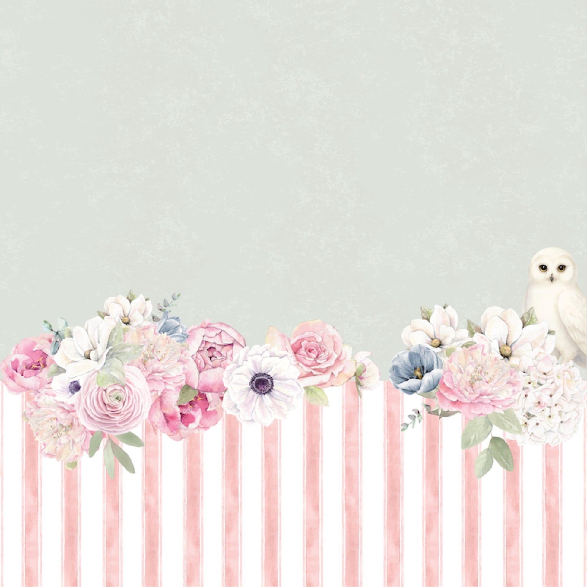 Uniquely Creative Whispers of Wisdom Garden Guardian paper front showing lush watercolour floral arrangement with pink ranunculus, roses, white anemones, dusty blue poppies, pale pink hydrangeas, sage eucalyptus and white owl on pink and white vertical stripes with soft sage green upper section 