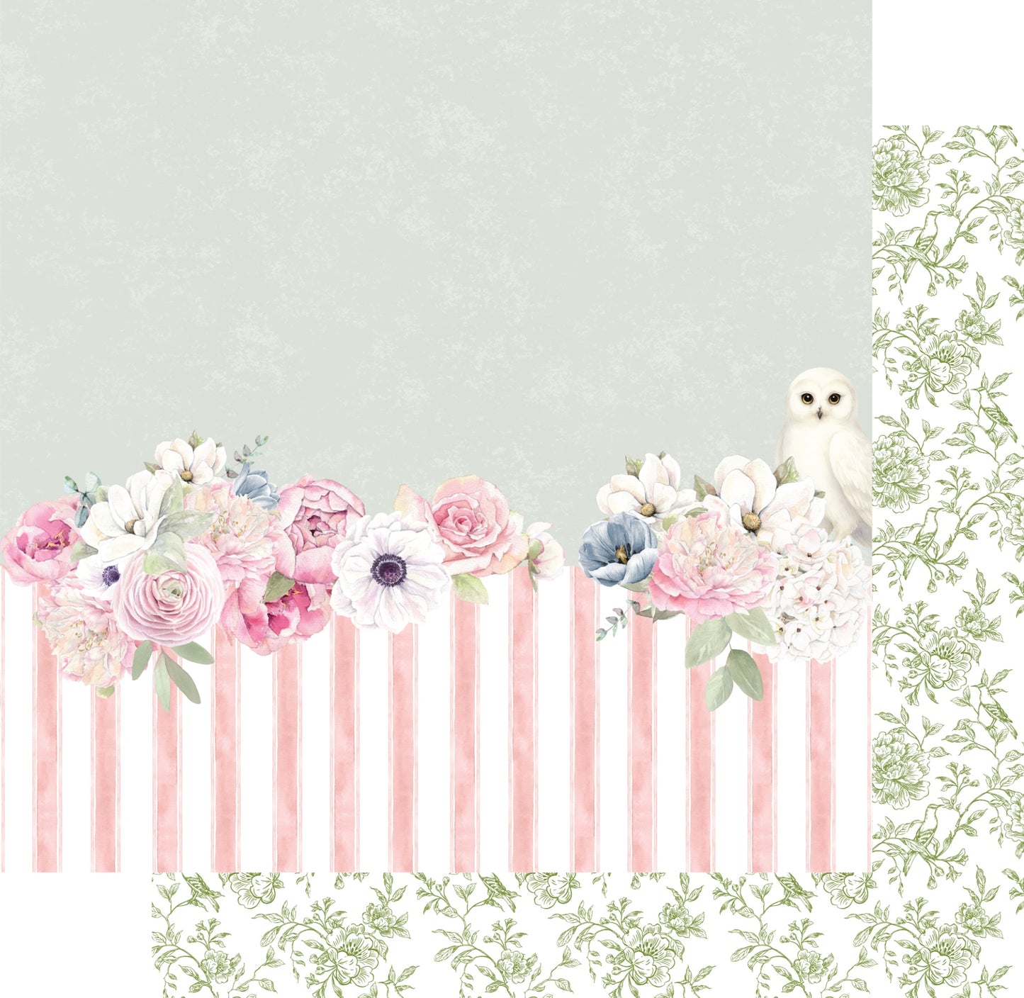 Uniquely Creative Whispers of Wisdom Garden Guardian double-sided paper showing watercolour floral border with pink roses, white anemones, ranunculus, dusty blue blooms, hydrangeas and white owl on pink and white stripes with soft sage green upper section, sage green floral reverse preview