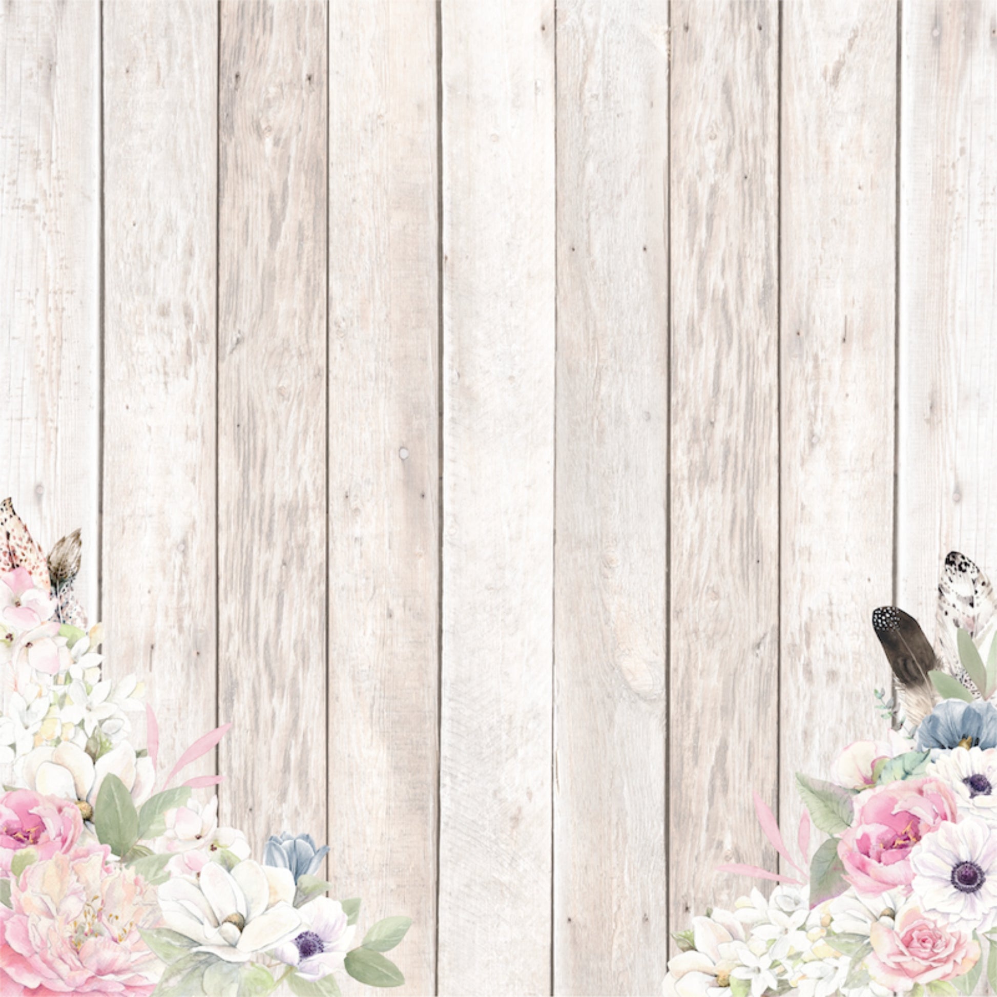 Uniquely Creative Whispers of Wisdom Gently Now paper front showing distressed white wood plank background with corner arrangements of pink roses, white anemones, dusty blue blooms, sage eucalyptus and delicate spotted feathers 