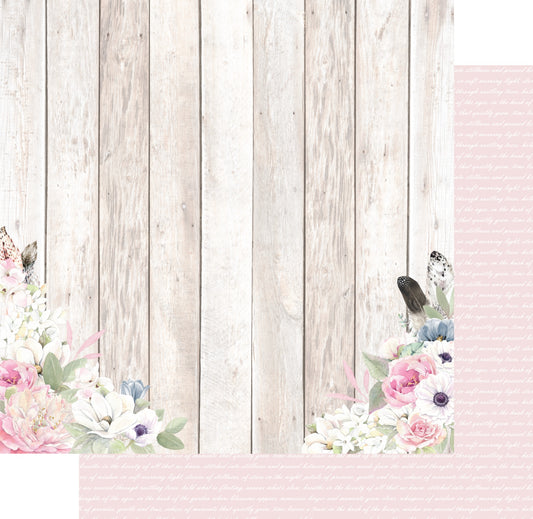 Uniquely Creative Whispers of Wisdom Gently Now double-sided paper showing weathered white wood planks with watercolour floral clusters featuring pink roses, white anemones, dusty blue flowers, sage leaves and spotted feathers in corners, with soft pink and white script reverse preview