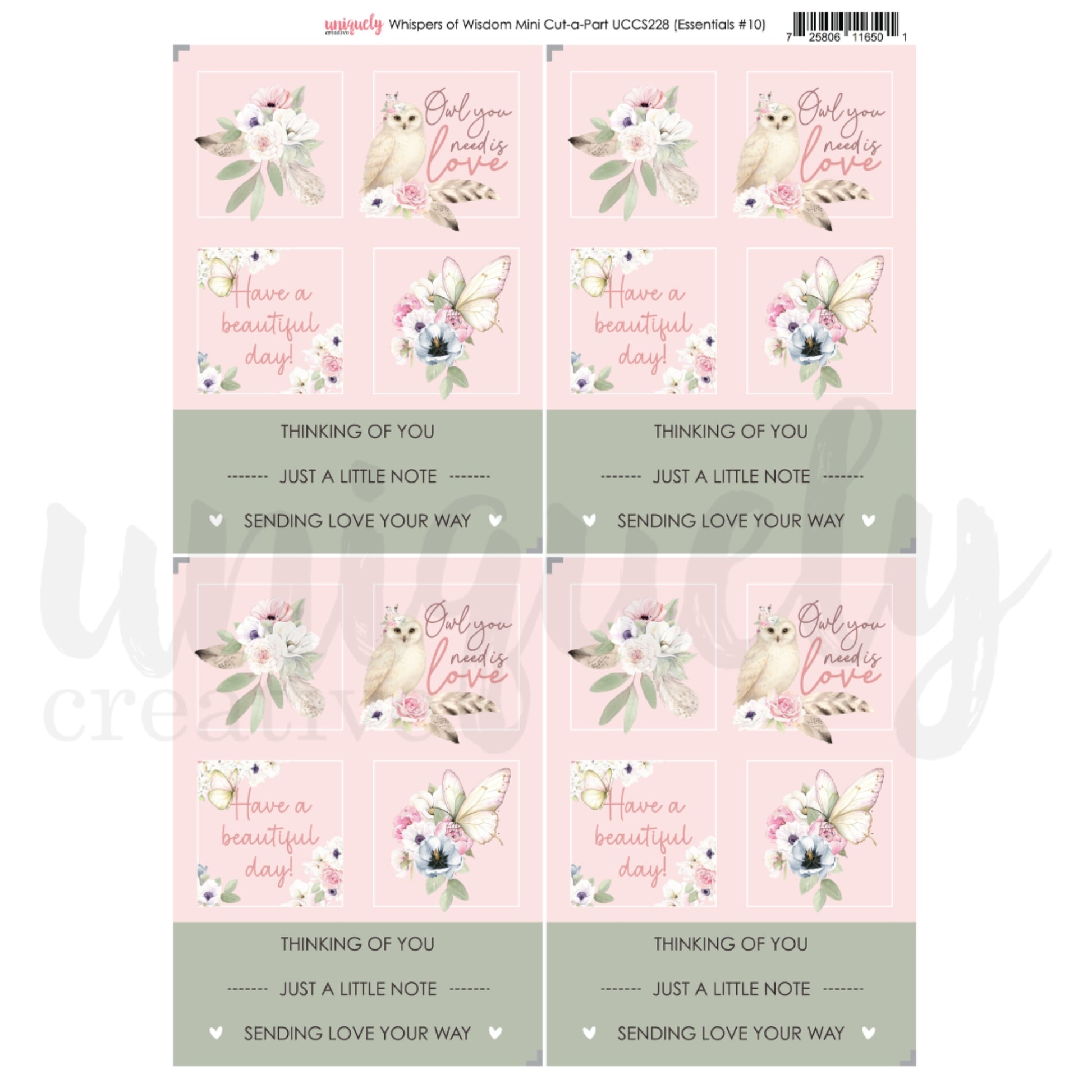 Uniquely Creative Whispers of Wisdom Mini Cut-a-Part sheet featuring watercolour floral bouquets, butterflies, and sentiment tags in soft blush pink and sage green colours on A4 paper for card making and scrapbooking