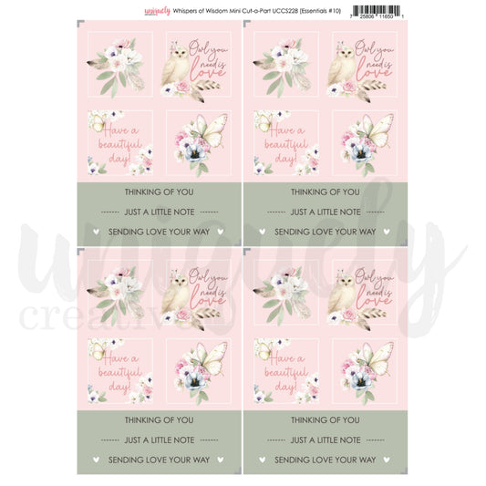 Uniquely Creative Whispers of Wisdom Mini Cut-a-Part sheet featuring watercolour floral bouquets, butterflies, and sentiment tags in soft blush pink and sage green colours on A4 paper for card making and scrapbooking