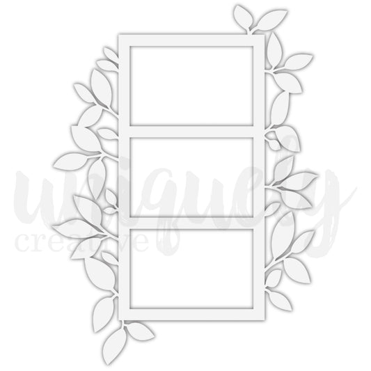 White die-cut overlay featuring three rectangular frames surrounded by delicate botanical leaf vines, part of Uniquely Creative's Whispers of Wisdom collection for paper crafts