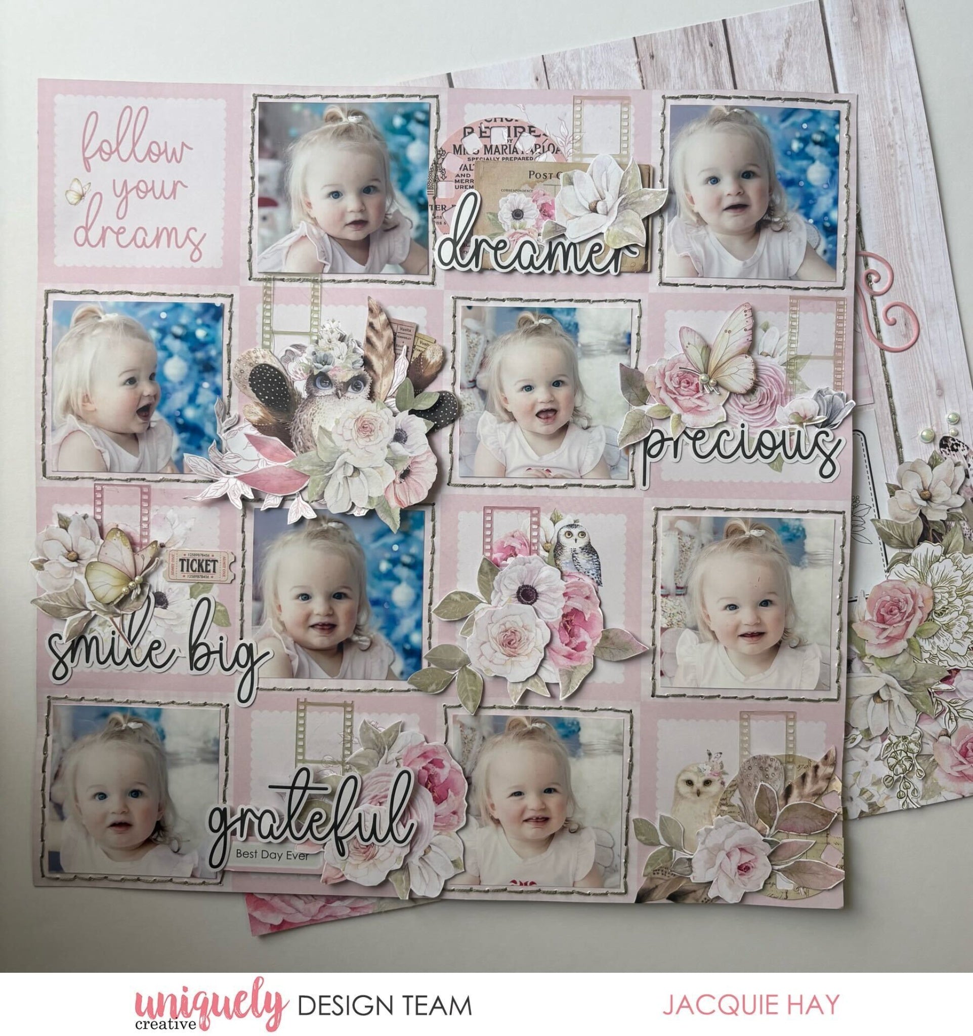 12x12 scrapbook layout using Uniquely Creative Whispers of Wisdom collection featuring baby photos with watercolour florals, sentiment word die cuts including dreamer, precious, smile big, and grateful, pink checkered papers, and decorative owl embellishments