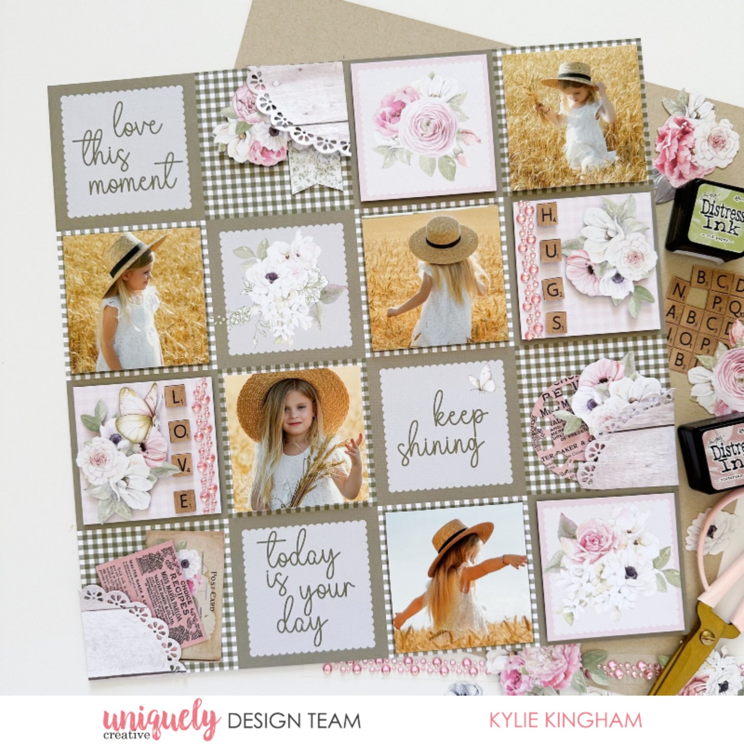 12x12 scrapbook layout using Uniquely Creative Whispers of Wisdom collection featuring children's photos in wheat field with sentiment cards including love this moment, keep shining, and today is your day, sage green gingham check pattern, watercolour florals, and alphabet tile embellishments