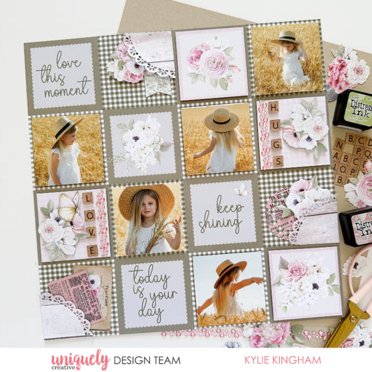 12x12 scrapbook layout using Uniquely Creative Whispers of Wisdom collection featuring children's photos in wheat field with sentiment cards including love this moment, keep shining, and today is your day, sage green gingham check pattern, watercolour florals, and alphabet tile embellishments