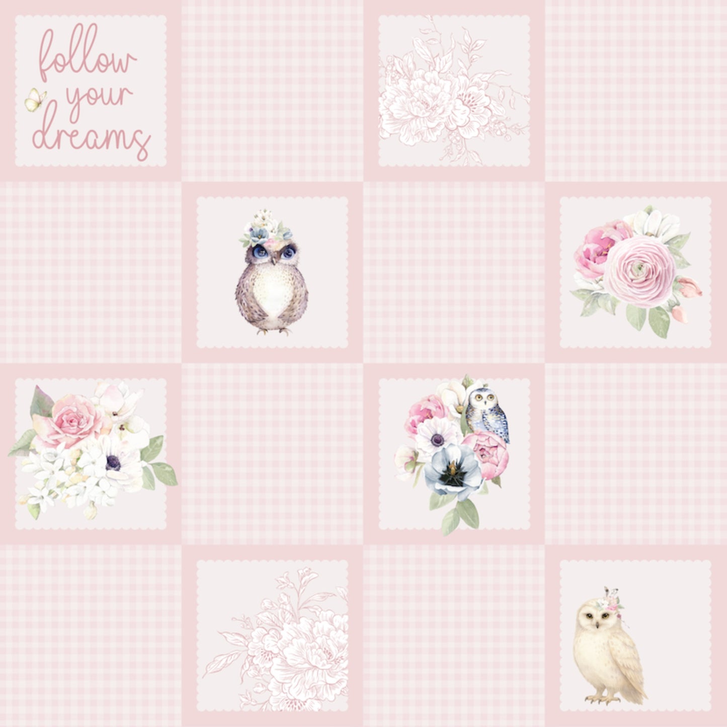 Uniquely Creative Whispers of Wisdom Soft Landing paper front showing grid of scalloped squares with follow your dreams sentiment, white owls, pink ranunculus, watercolour florals, floral line art and sentiments including love this moment, keep shining and today is your day on soft pink gingham