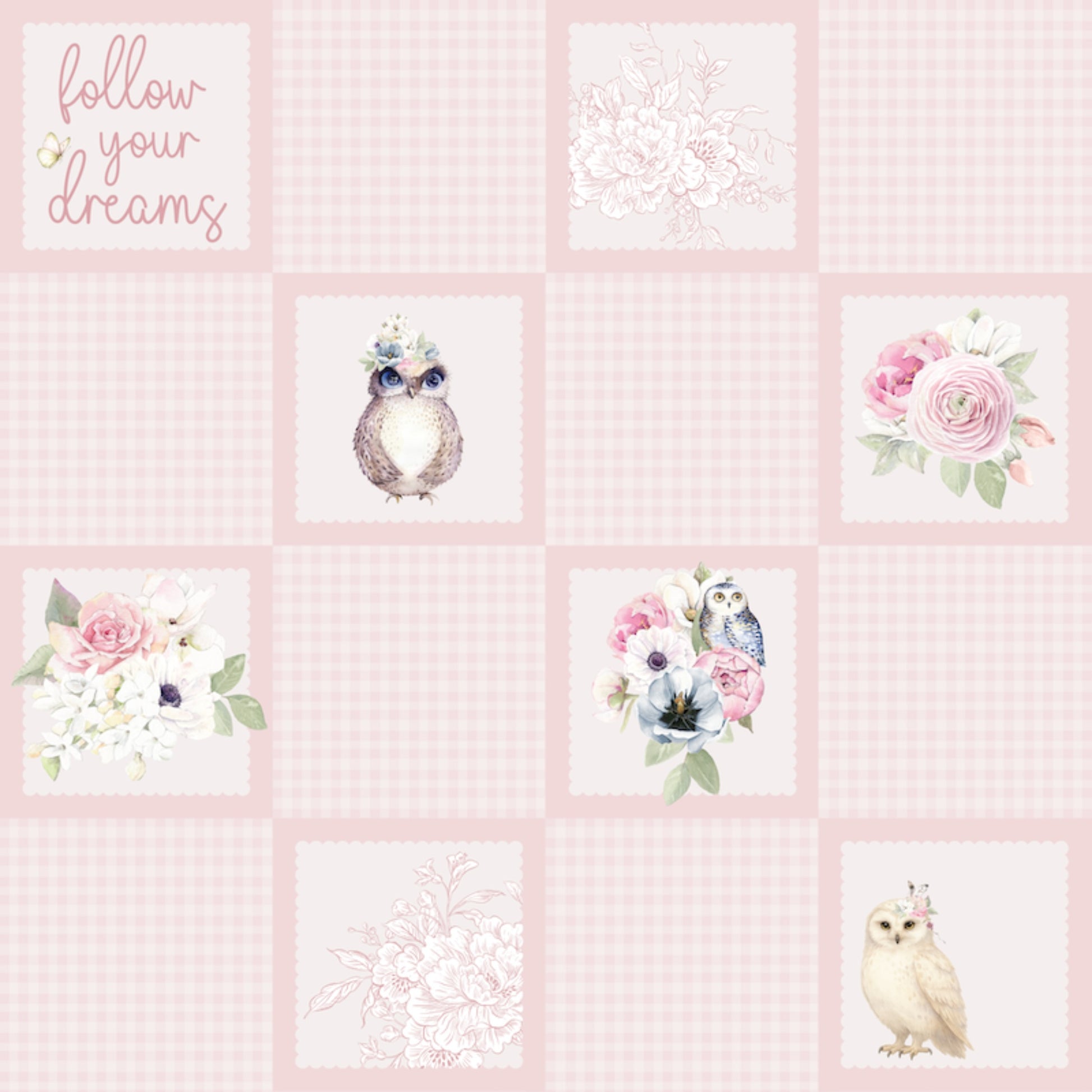 Uniquely Creative Whispers of Wisdom Soft Landing paper front showing grid of scalloped squares with follow your dreams sentiment, white owls, pink ranunculus, watercolour florals, floral line art and sentiments including love this moment, keep shining and today is your day on soft pink gingham
