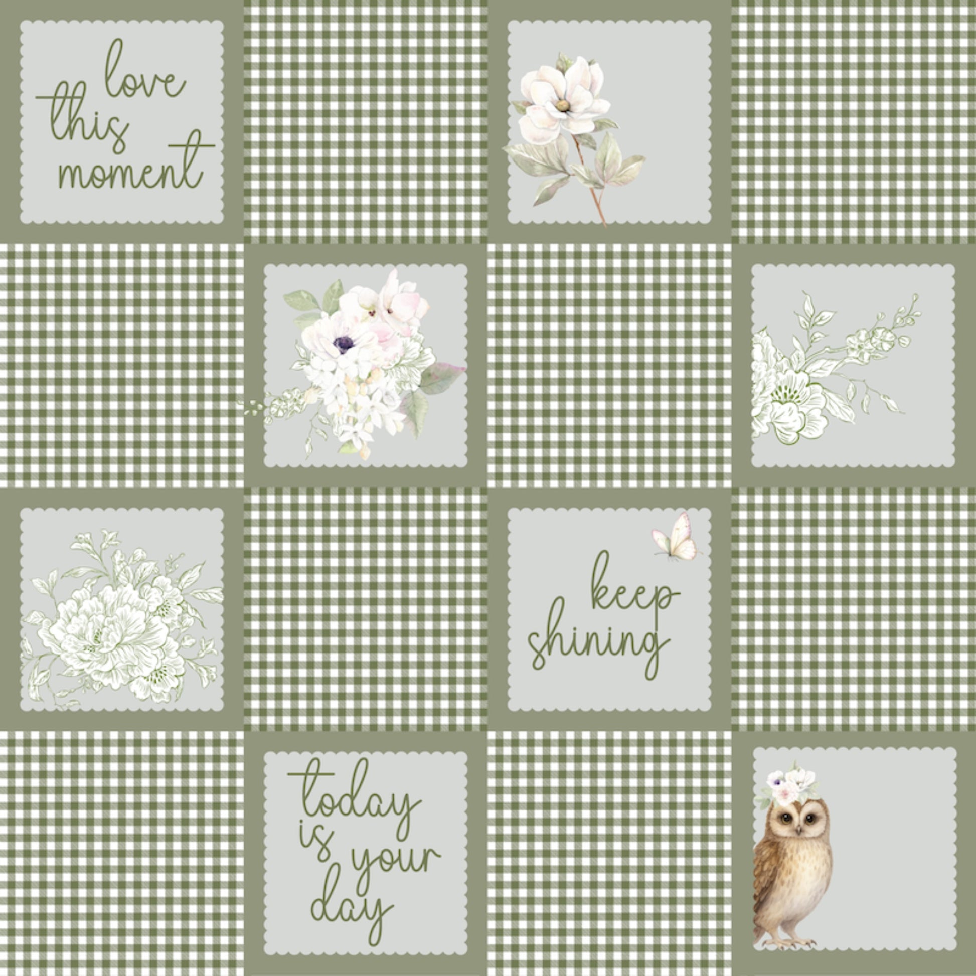 Uniquely Creative Whispers of Wisdom Soft Landing paper reverse showing grid of scalloped squares with white florals, floral line art, owl and sentiments including love this moment, keep shining and today is your day on sage green gingham background 