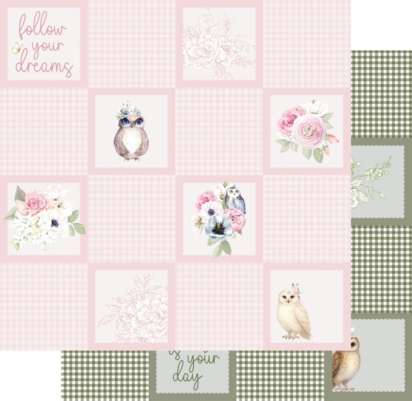Uniquely Creative Whispers of Wisdom Soft Landing double-sided paper showing cut-apart scalloped squares with owls, watercolour florals, script sentiments on pink gingham background with sage green gingham reverse preview