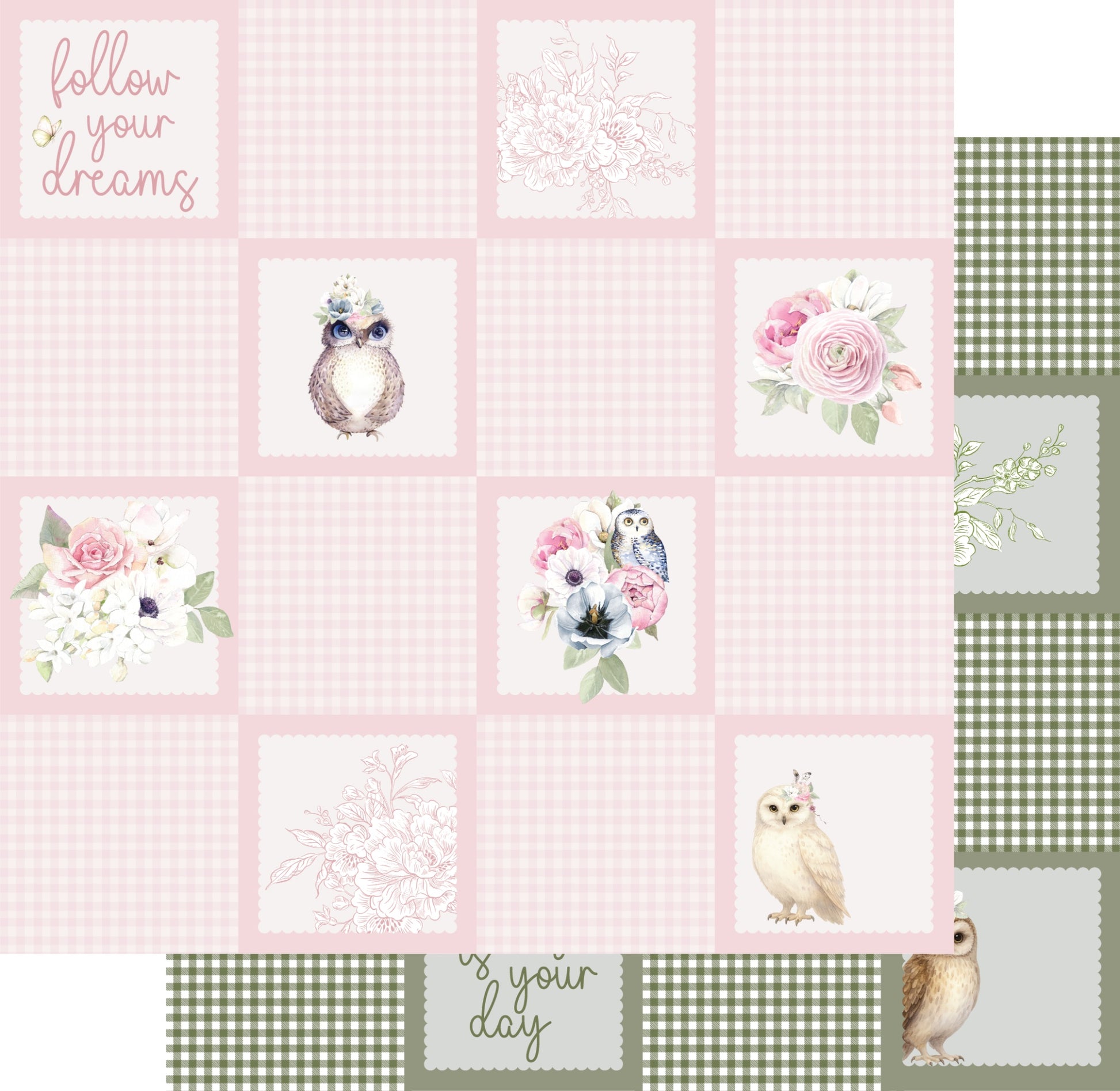Uniquely Creative Whispers of Wisdom Soft Landing double-sided paper showing cut-apart scalloped squares with owls, watercolour florals, script sentiments on pink gingham background with sage green gingham reverse preview