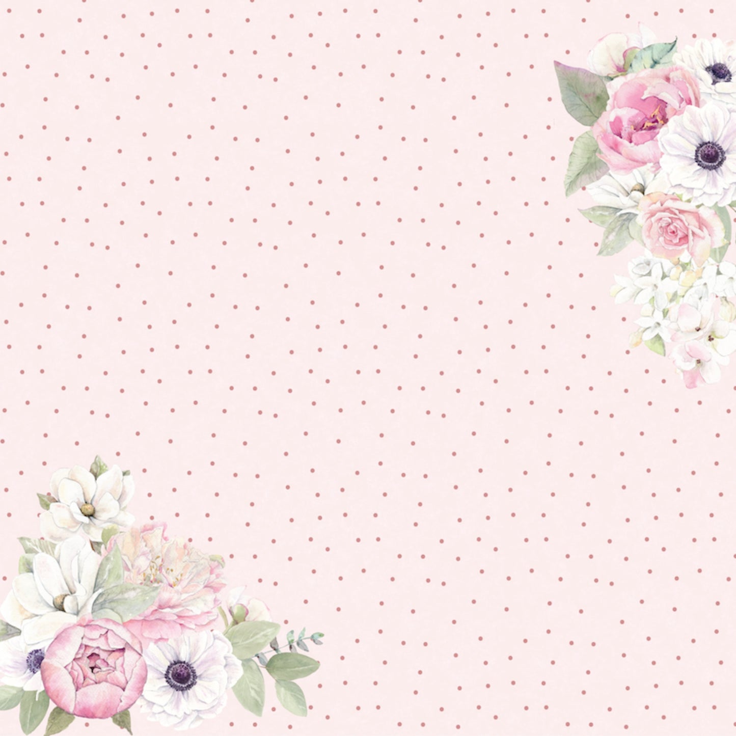 Uniquely Creative Whispers of Wisdom Softly Spoken paper front showing pink dots on lighter pink background with corner arrangements of watercolour pink ranunculus, soft pink roses, white anemones and sage eucalyptus in upper right and lower left corners 