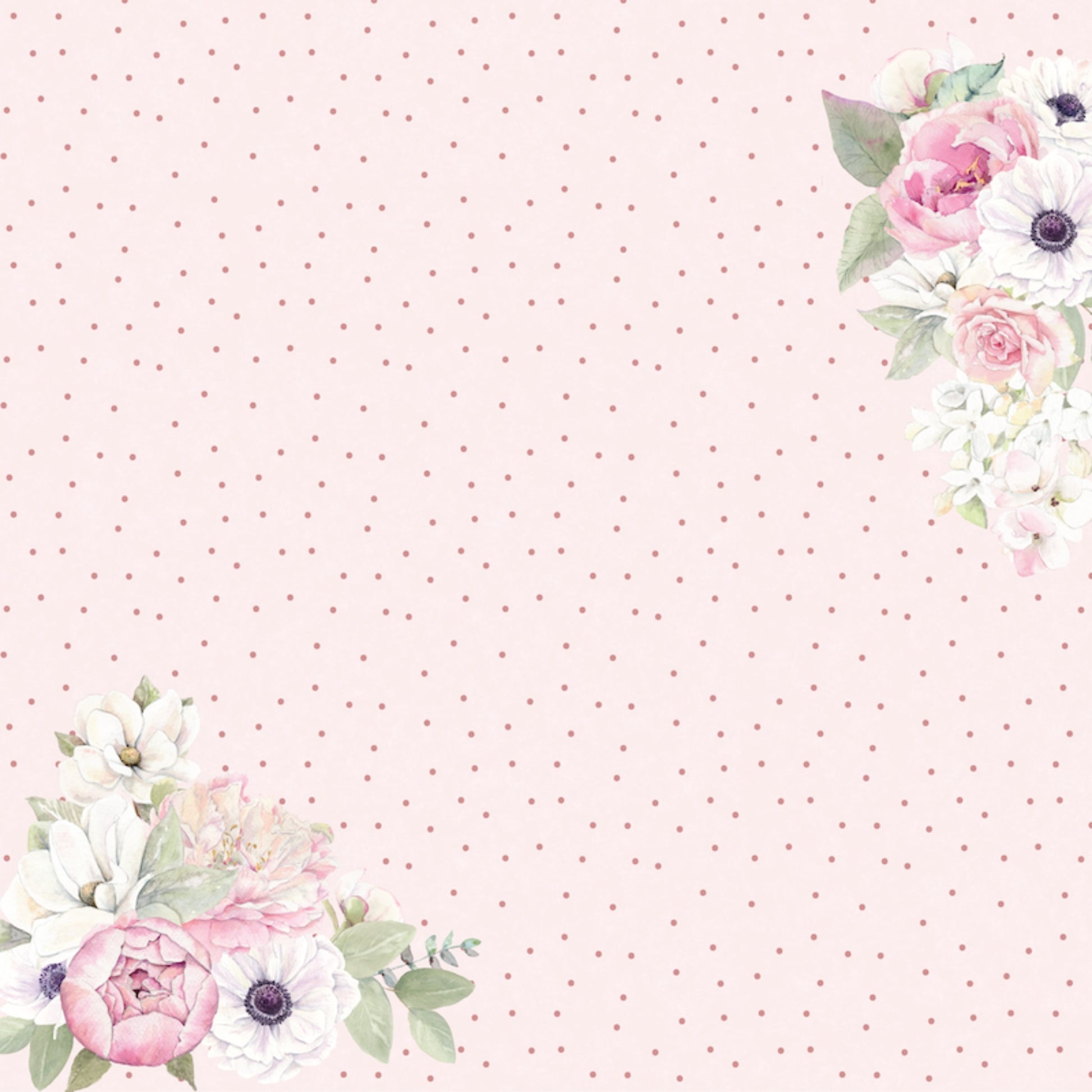 Uniquely Creative Whispers of Wisdom Softly Spoken paper front showing pink dots on lighter pink background with corner arrangements of watercolour pink ranunculus, soft pink roses, white anemones and sage eucalyptus in upper right and lower left corners 