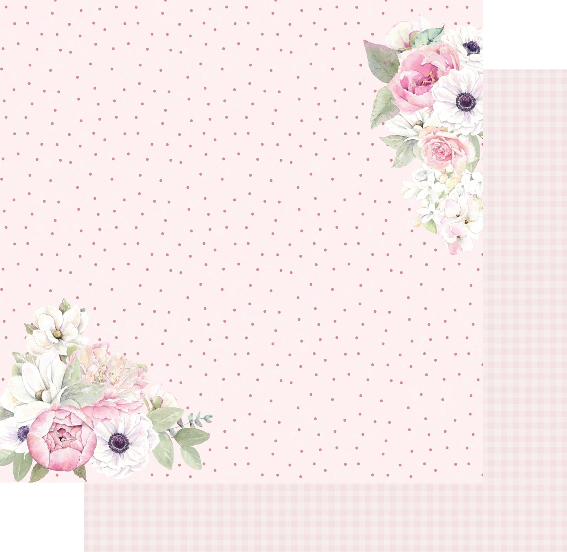 Uniquely Creative Whispers of Wisdom Softly Spoken double-sided paper showing pink polka dots on lighter pink background with watercolour floral clusters featuring pink ranunculus, roses, white anemones and sage leaves in opposite corners, with soft pink gingham reverse preview