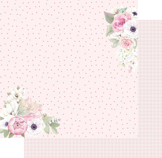 Uniquely Creative Whispers of Wisdom Softly Spoken double-sided paper showing pink polka dots on lighter pink background with watercolour floral clusters featuring pink ranunculus, roses, white anemones and sage leaves in opposite corners, with soft pink gingham reverse preview