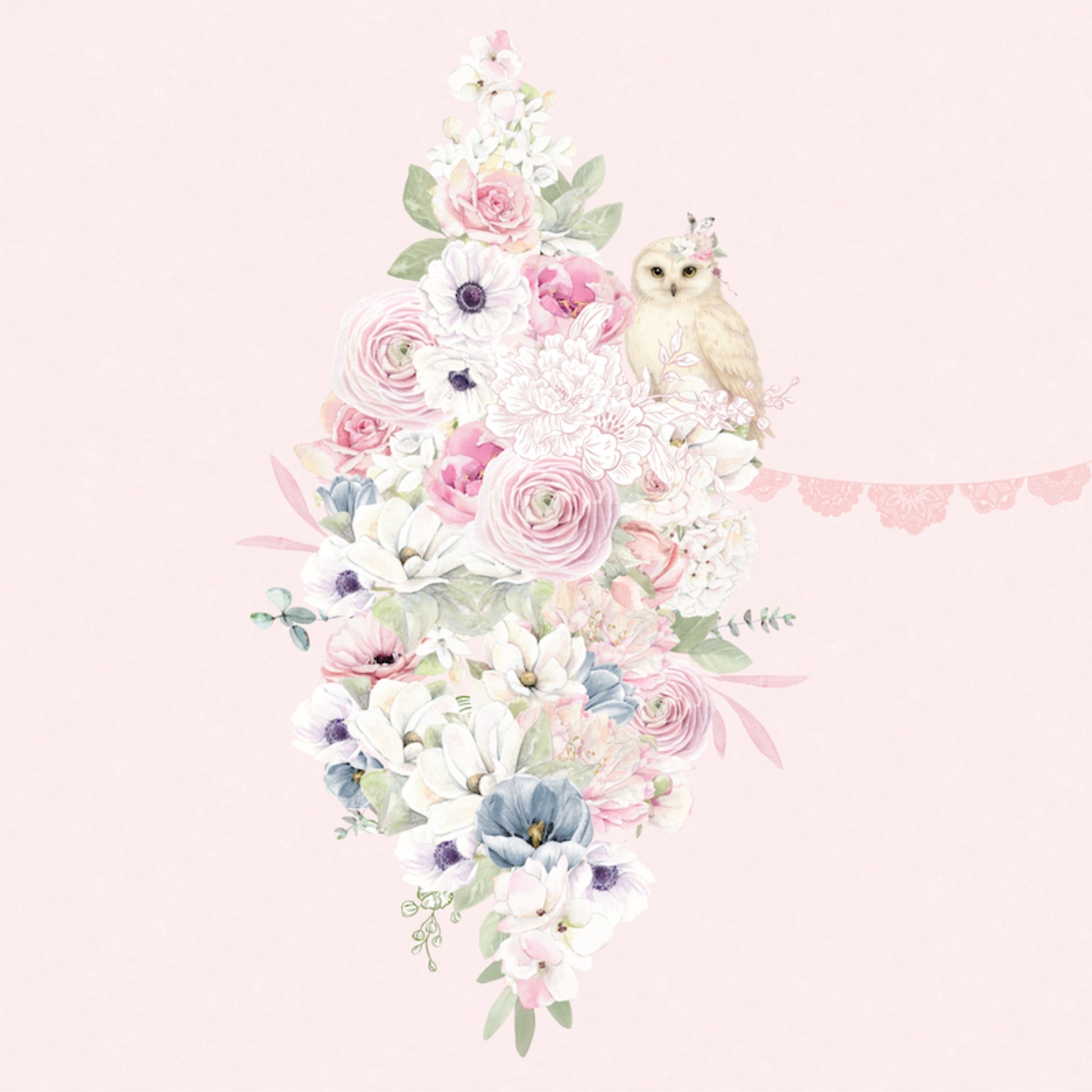 Uniquely Creative Whispers of Wisdom This Is Grace paper front showing vertical arrangement of watercolour pink ranunculus, roses, white anemones, dusty blue poppies, pale pink peonies, white hand-drawn floral line art, sage eucalyptus, pink ribbons and white owl with golden eyes and floral crown on soft pink background