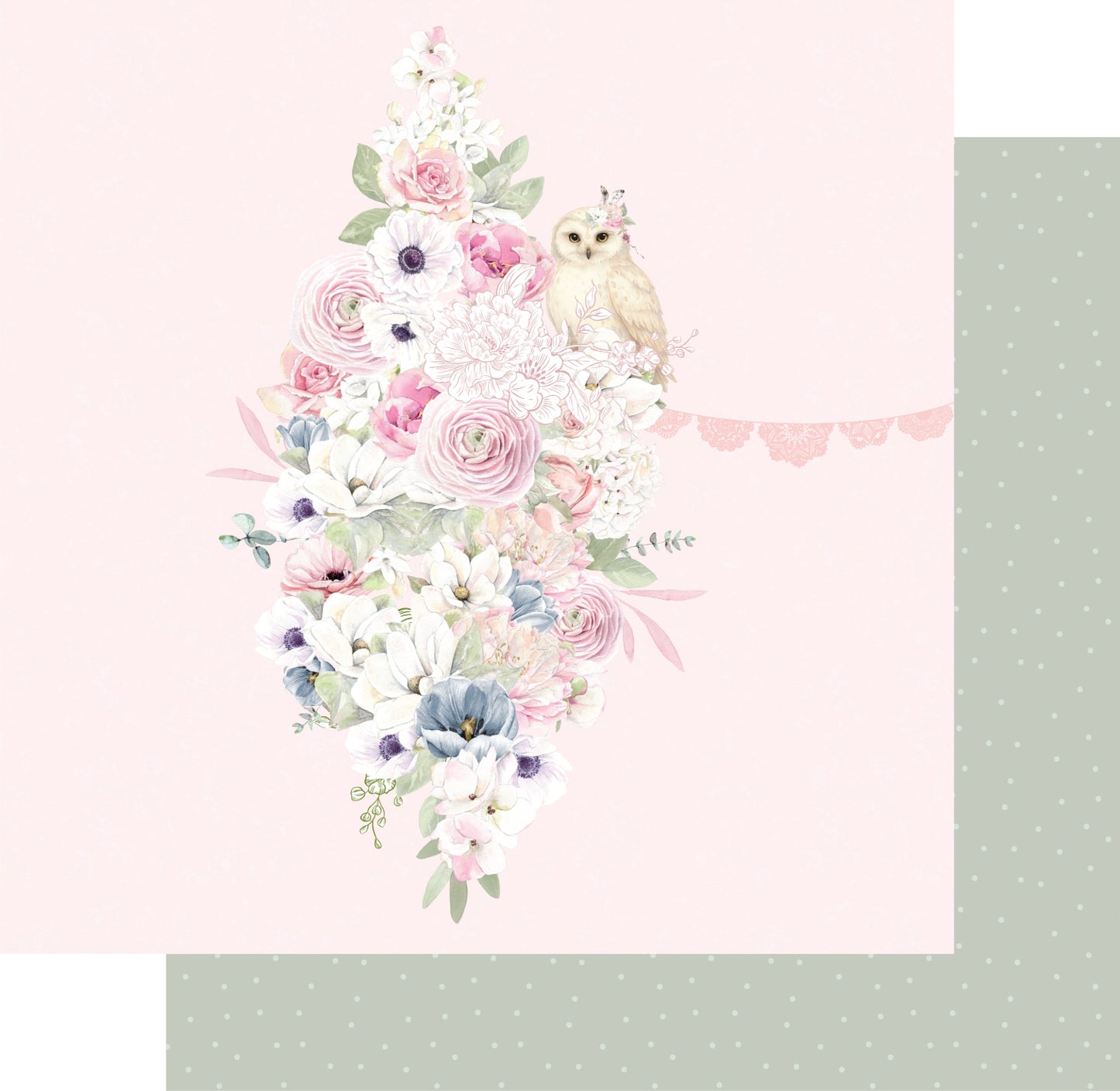 Uniquely Creative Whispers of Wisdom This Is Grace double-sided paper showing vertical watercolour floral cascade with pink ranunculus, roses, white anemones, dusty blue blooms, hand-drawn line art, sage eucalyptus, pink ribbons and white owl with floral crown on soft pink background, with sage green and white polka dot reverse preview