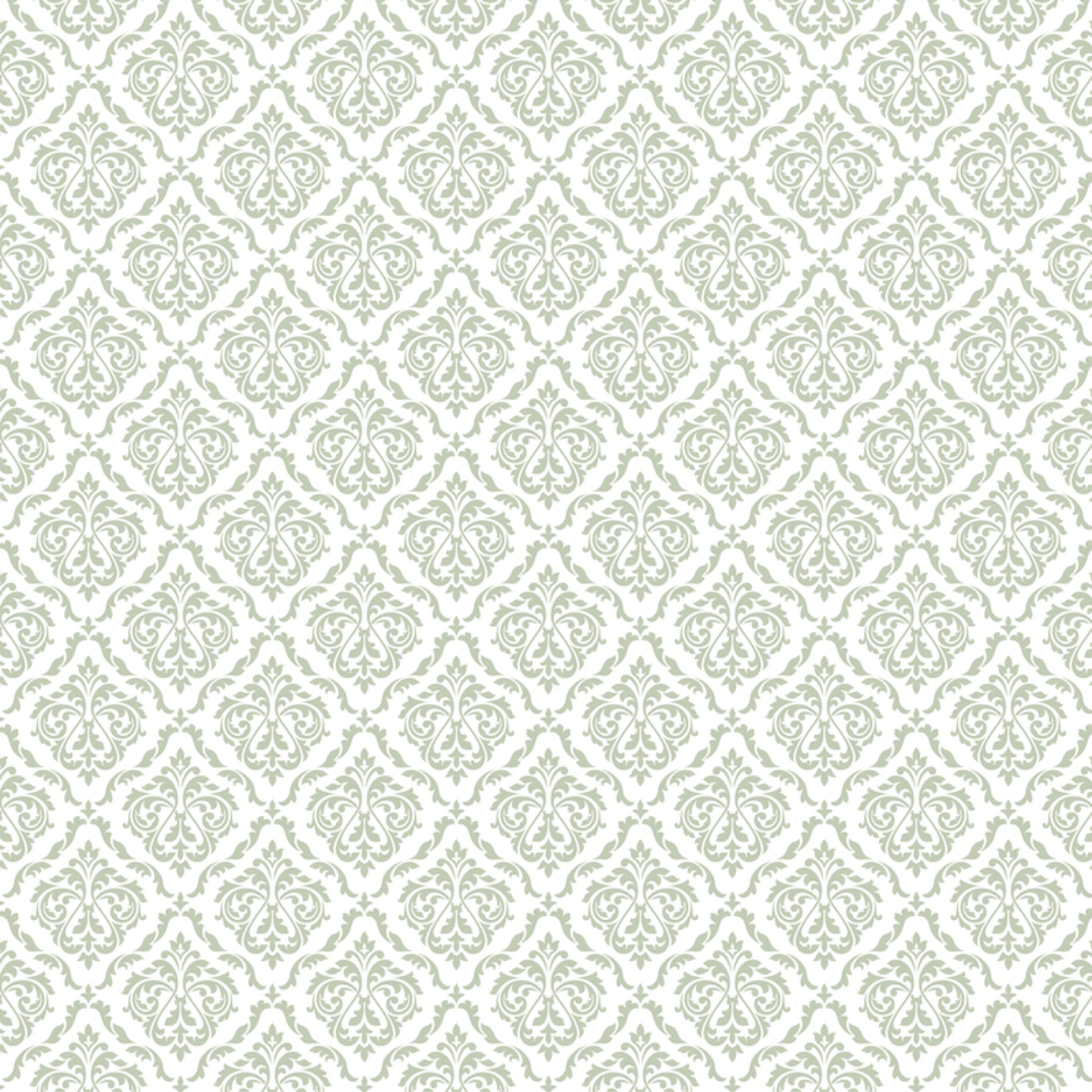Uniquely Creative Whispers of Wisdom Wild Sage paper front showing classic damask pattern with ornate floral medallions and scrollwork in sage green and white