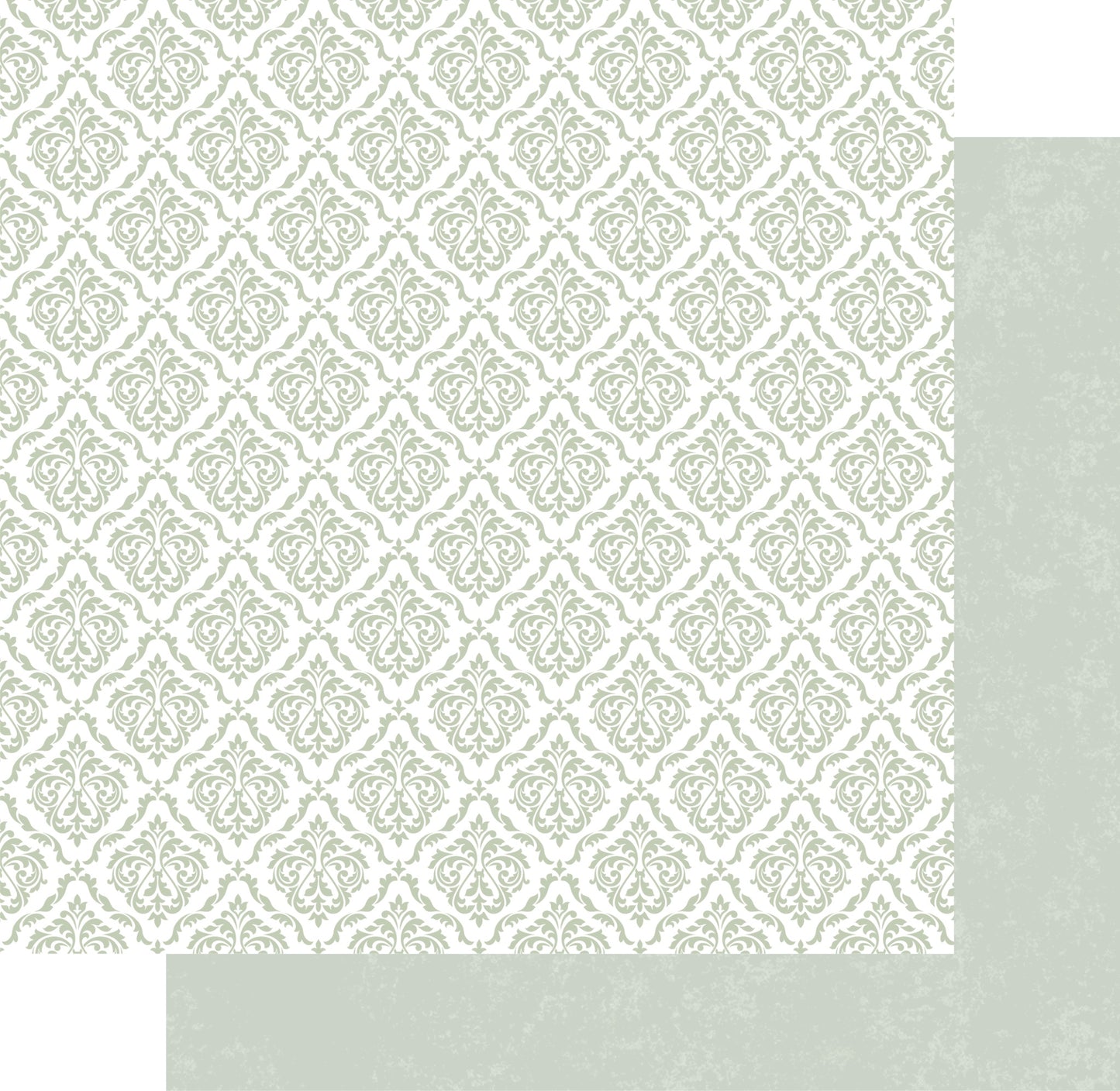 Uniquely Creative Whispers of Wisdom Wild Sage double-sided paper showing ornate damask pattern in sage green and white with soft sage solid reverse preview