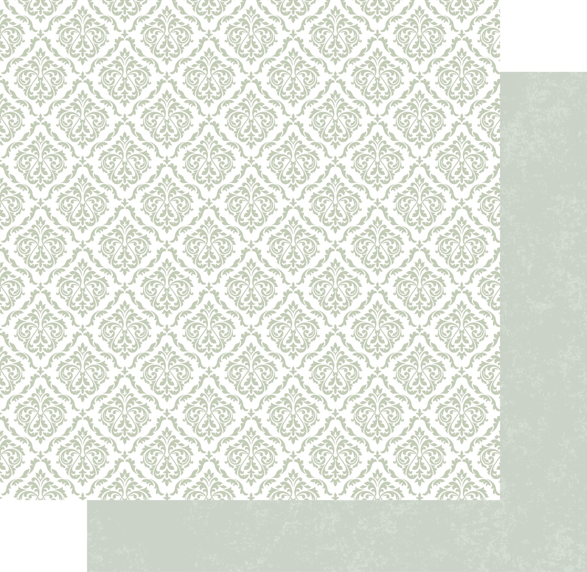 Uniquely Creative Whispers of Wisdom Wild Sage double-sided paper showing ornate damask pattern in sage green and white with soft sage solid reverse preview