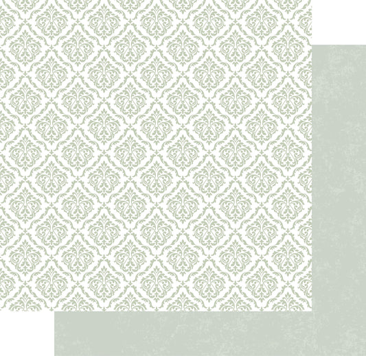 Uniquely Creative Whispers of Wisdom Wild Sage double-sided paper showing ornate damask pattern in sage green and white with soft sage solid reverse preview
