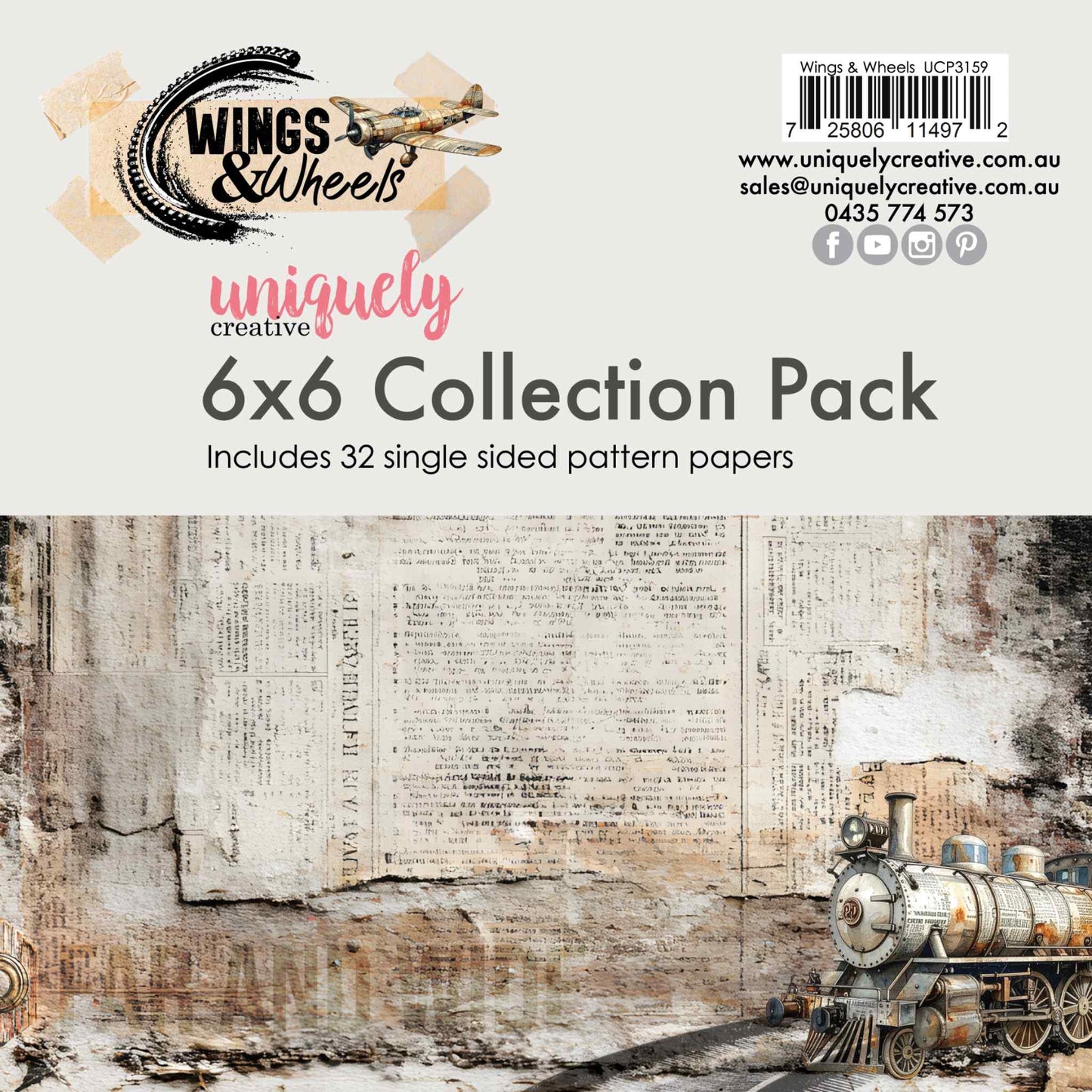 Uniquely Creative Wings and Wheels 6x6 Collection Pack showing product packaging with collection logo, vintage steam train and distressed newsprint paper design