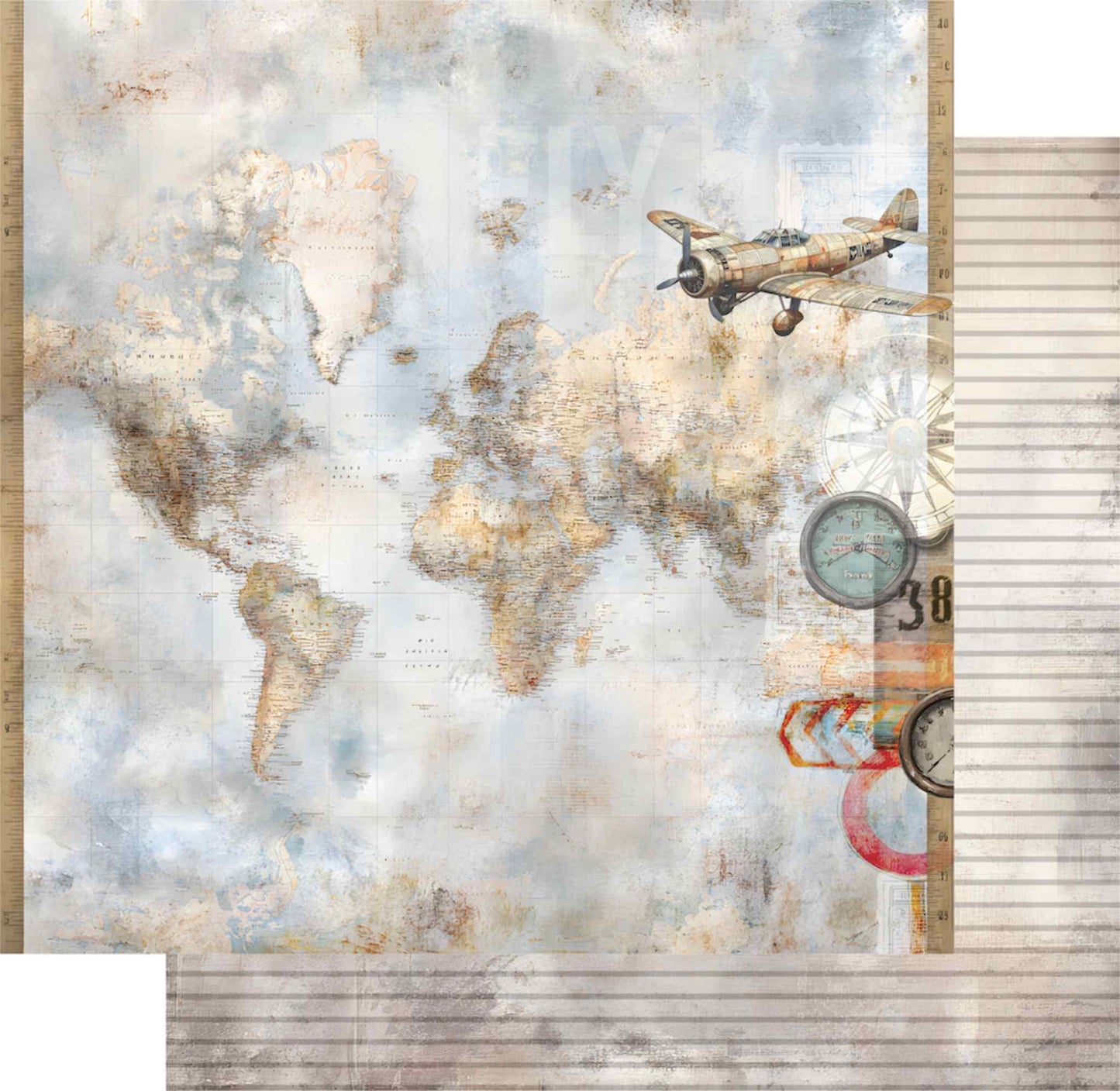 Uniquely Creative Wings and Wheels Across the Sea double-sided 12x12 paper showing world map front and striped reverse