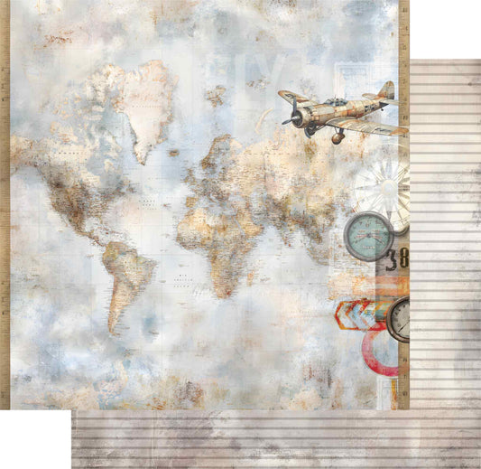 Uniquely Creative Wings and Wheels Across the Sea double-sided 12x12 paper showing world map front and striped reverse