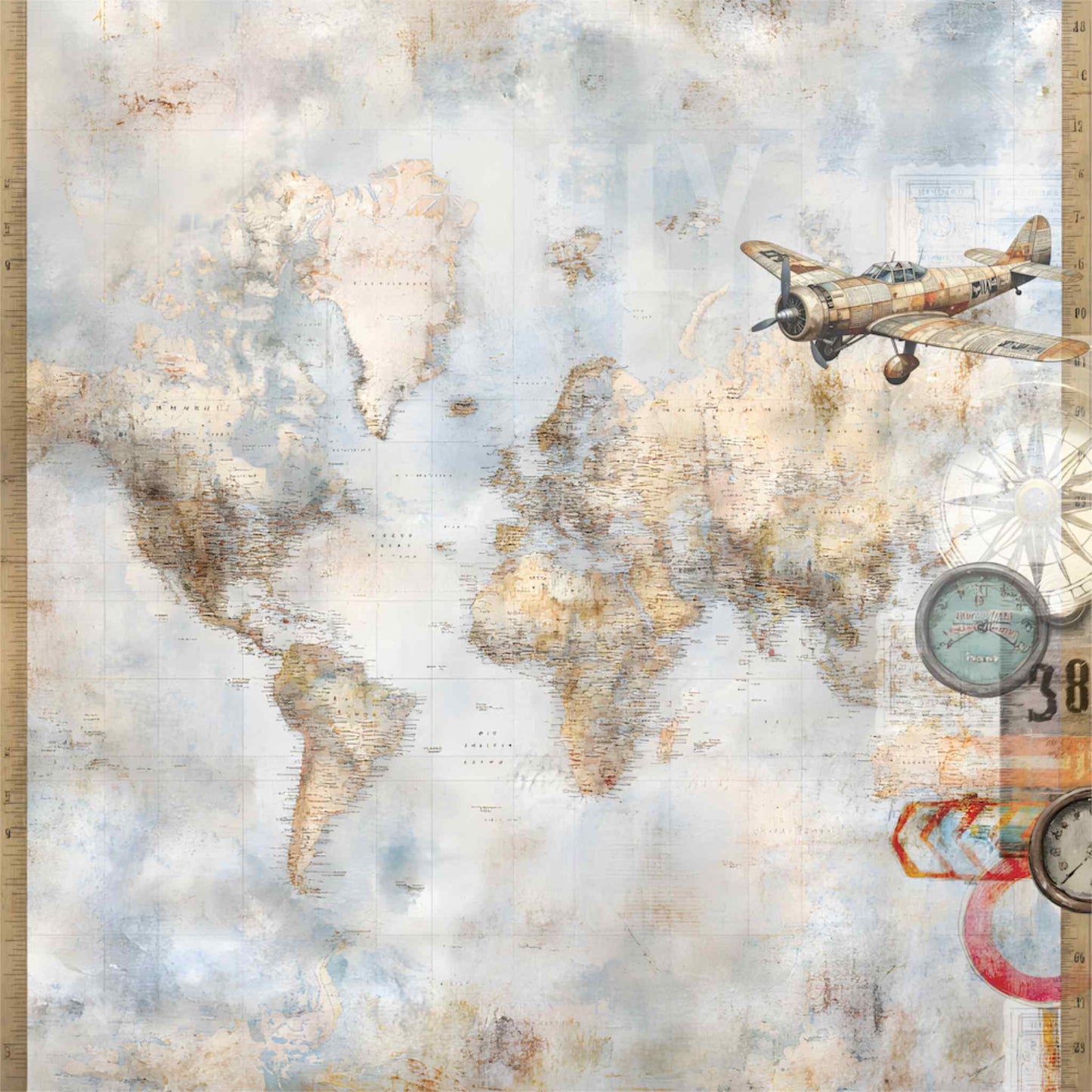Uniquely Creative Wings and Wheels Across the Sea 12x12 paper front side, soft watercolour world map with vintage biplane, compass and travel embellishments on cream background