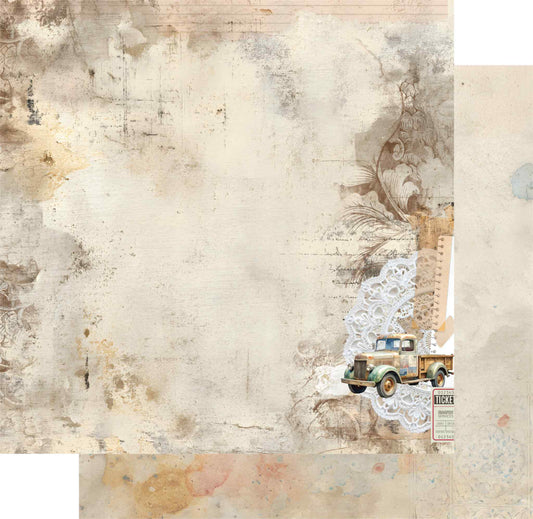 Uniquely Creative Wings and Wheels Auto Shop double-sided 12x12 paper showing distressed plaster front with vintage truck and soft watercolour splatter reverse