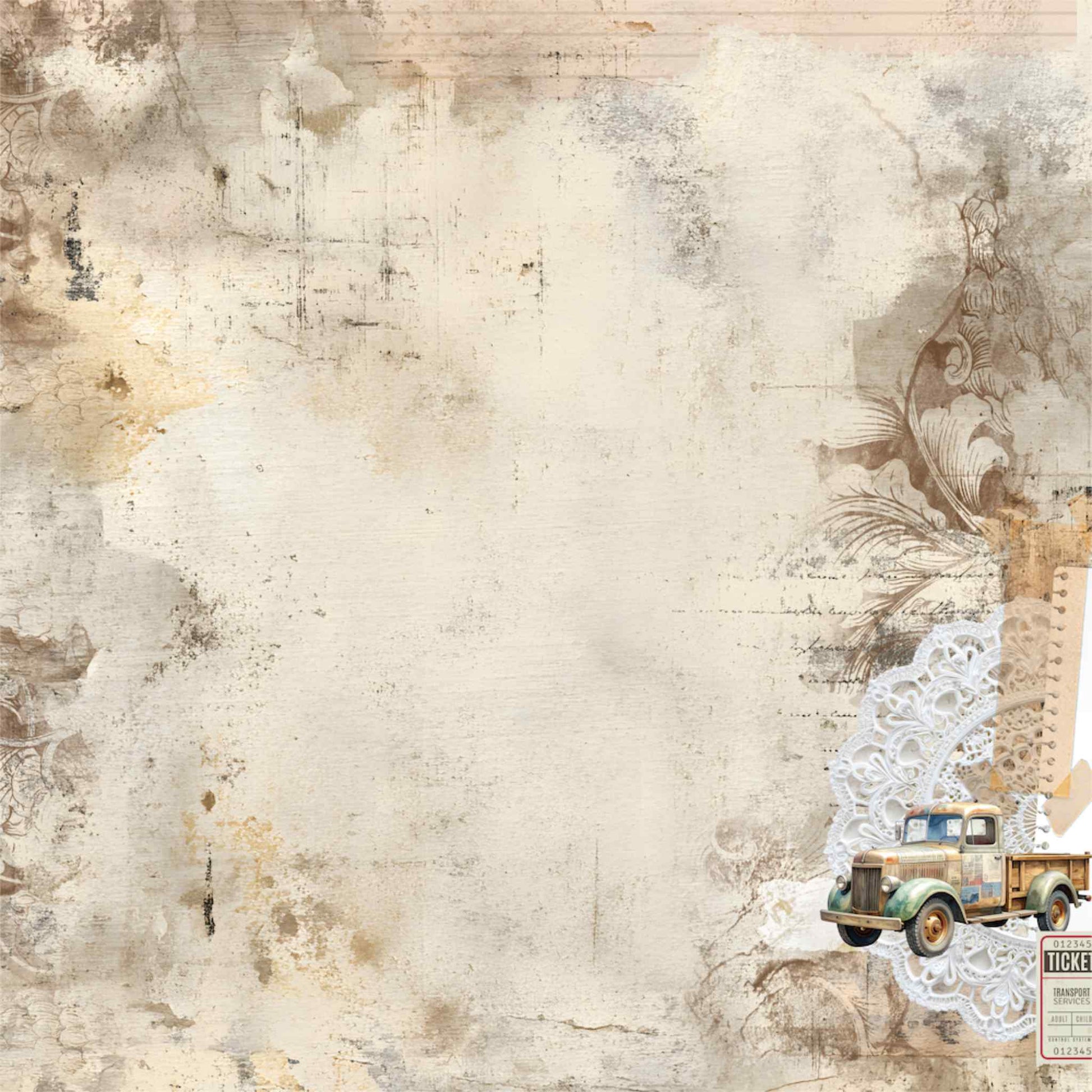 Uniquely Creative Wings and Wheels Auto Shop 12x12 paper front side, aged plaster and blueprint texture with ornate flourish, vintage utility truck and transport ticket in cream and taupe