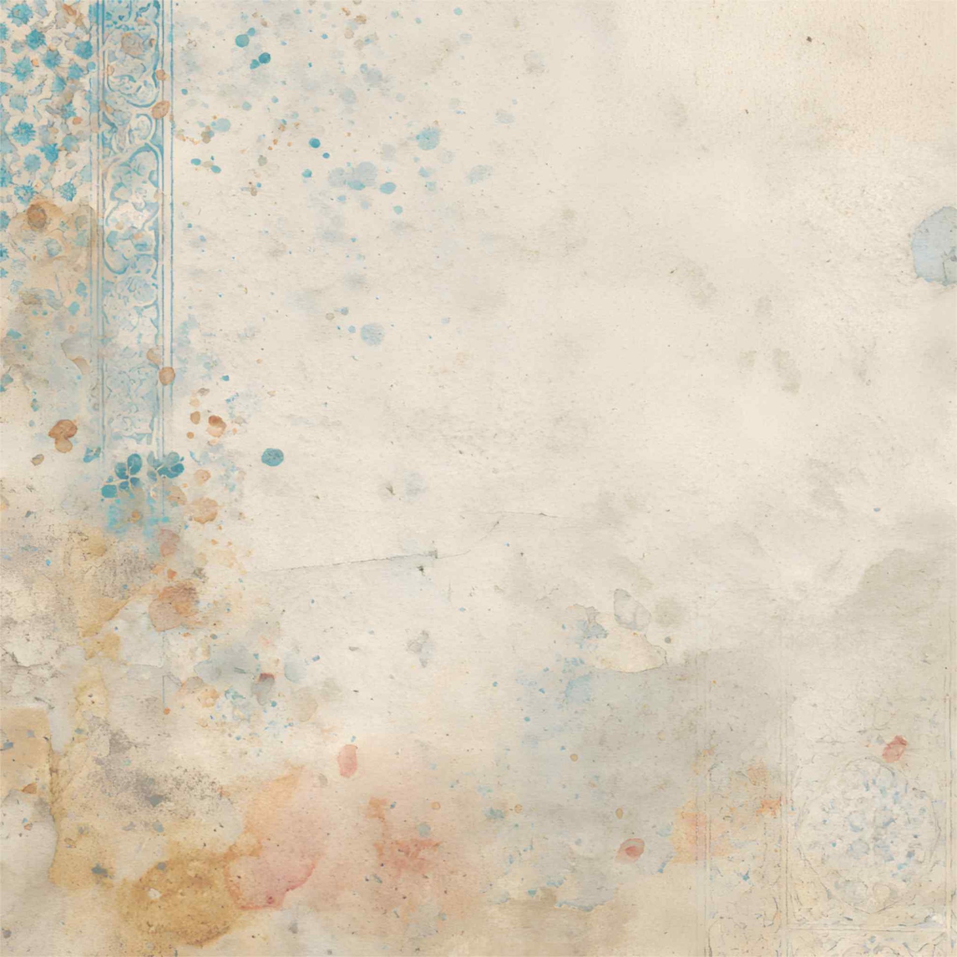 Uniquely Creative Wings and Wheels Auto Shop 12x12 paper reverse side, soft watercolour splatter in dusty blue, peach and tan on cream background with ornate border detail 