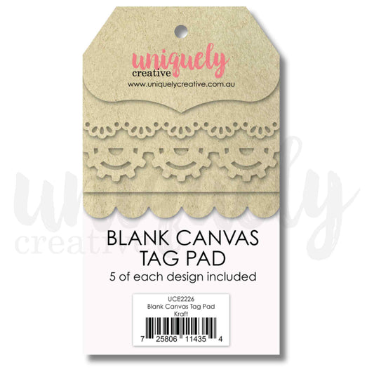 Uniquely Creative Blank Canvas Tag Pad Kraft packaging showing five layered kraft cardstock tags with decorative die-cut edges including scallop, cog border and lace designs