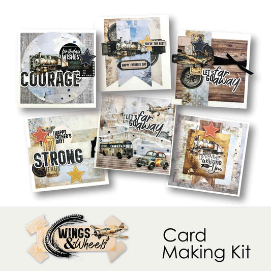 Uniquely Creative Wings and Wheels Card Making Kit showing six completed masculine cards featuring vintage steam trains, motorcycle, bus, classic cars and biplane with sentiments Courage, Strong, Birthday Wishes, Happy Father's Day, You're the Best, Let's Go Far Away and Adventure is Waiting for You 