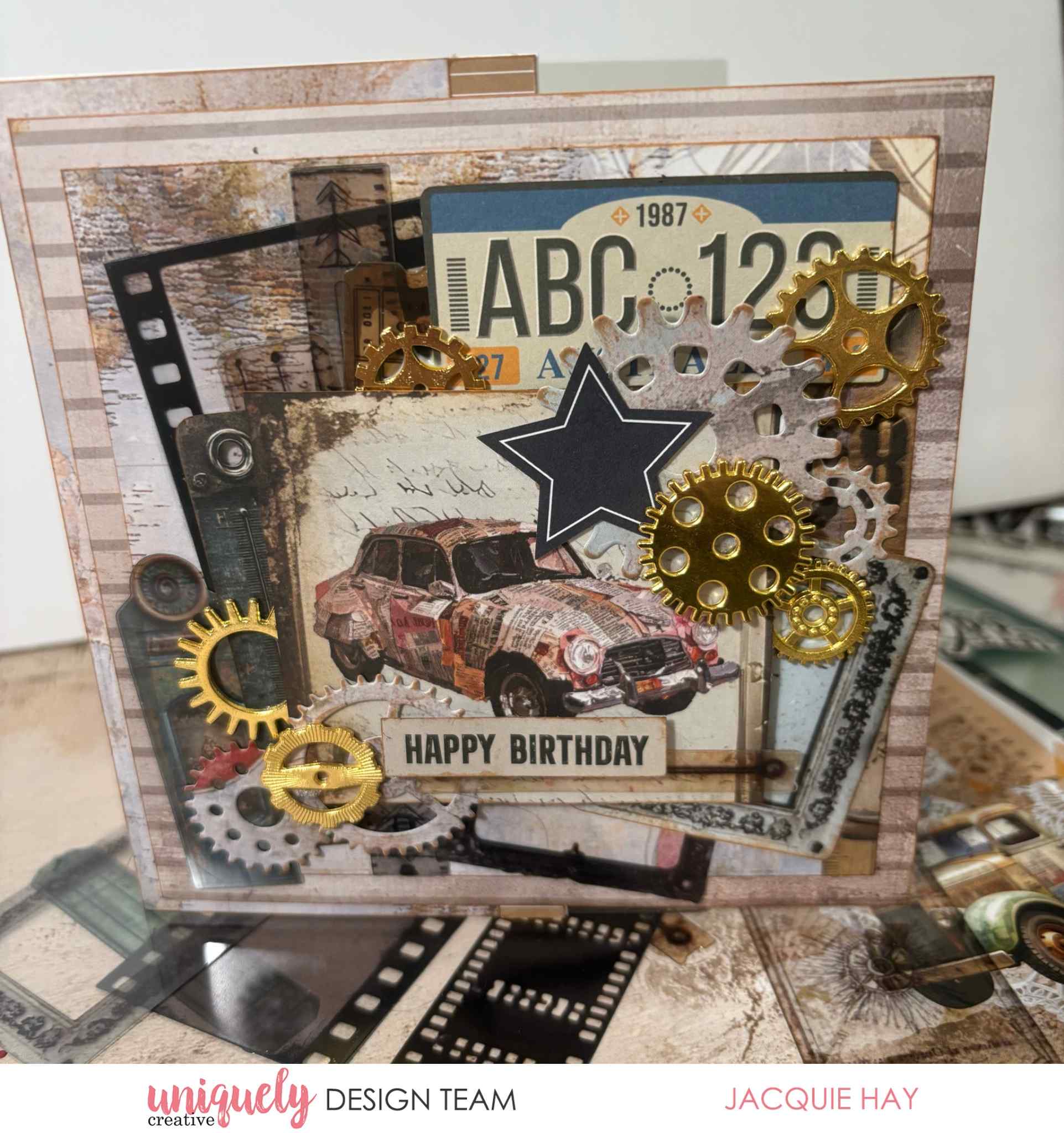 Handmade Happy Birthday card using Uniquely Creative Wings and Wheels 12x12 paper, featuring vintage car, film strip, number plate, star and gold gear embellishments