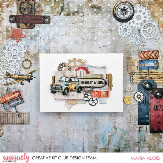 Handmade Birthday Wishes card using Uniquely Creative Wings and Wheels 12x12 paper, featuring vintage car, gears and layered mixed media elements on white card base