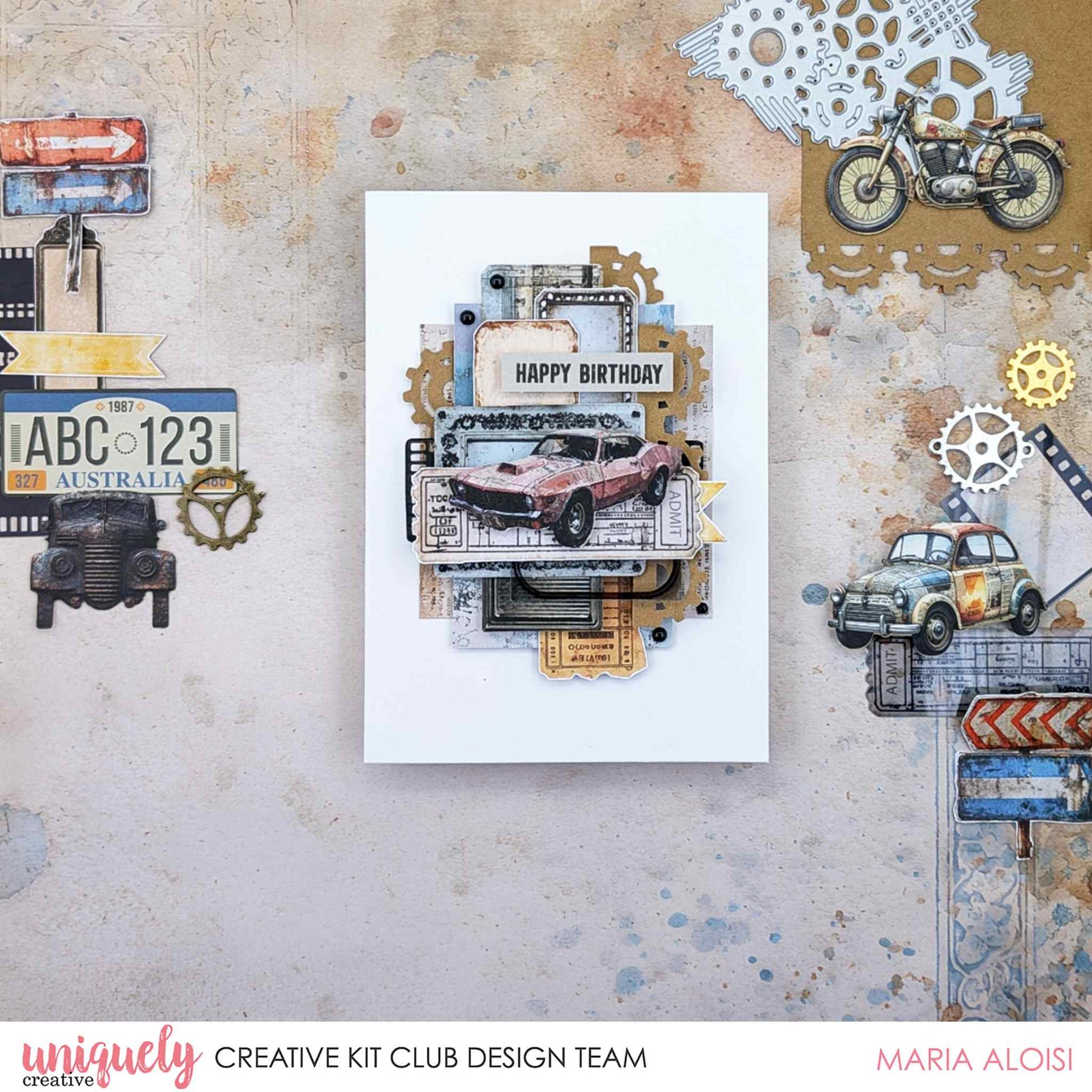 Handmade Happy Birthday card using Uniquely Creative Wings and Wheels paper, featuring vintage muscle car, admission tickets, gears and layered mixed media elements