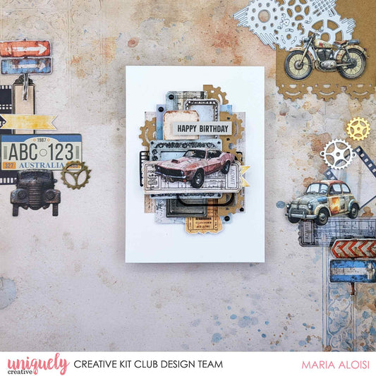 Handmade Happy Birthday card using Uniquely Creative Wings and Wheels paper, featuring vintage muscle car, admission tickets, gears and layered mixed media elements