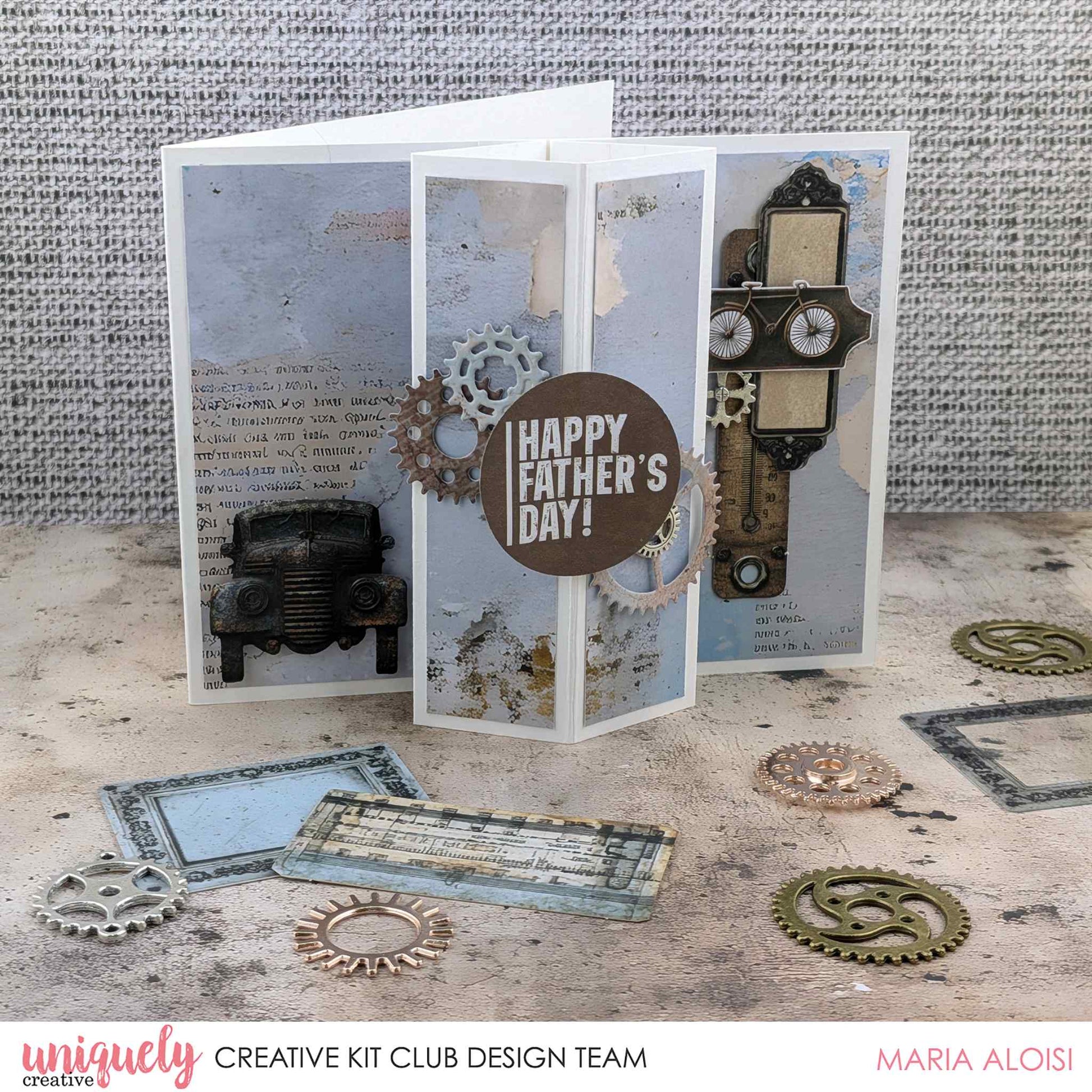 Handmade Happy Father's Day tri-fold card using Uniquely Creative Wings and Wheels paper, featuring vintage truck, bicycle, gears and industrial mixed media elements